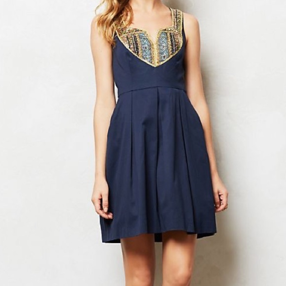 Anthropologie navy dress with gold patch